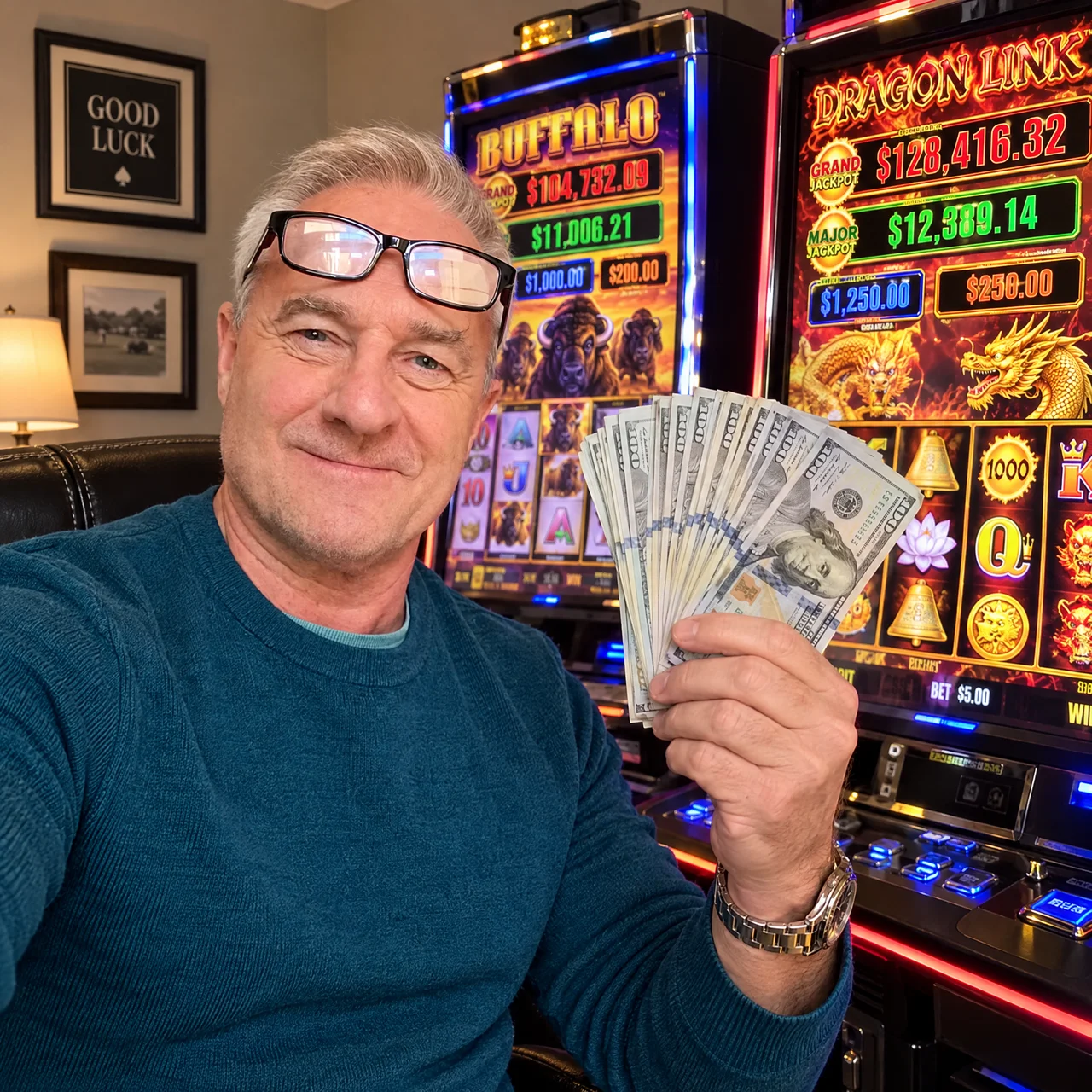 Reader holding his winnings in front of two slot machines